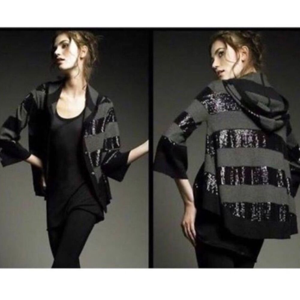 Alice + Olivia 100% Wool Sequin Stripe Hooded Cardigan Sweater XS/S Longline